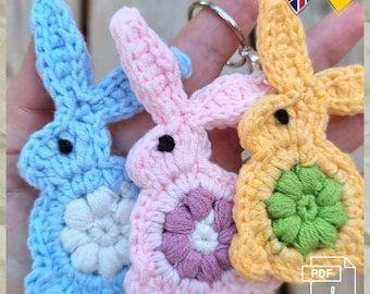 Sida 24 Virkning, PDF, engelska/tyska. Virkad kanin, påskhare, hänge, nyckelring, 9×5 cm, 100 % bomull, 2 mm virknål.