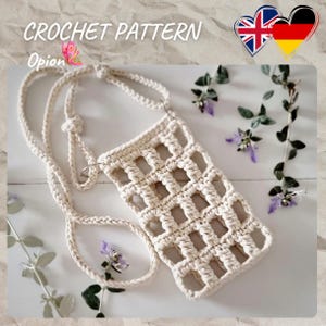 Crochet, PDF, Eng/Allemand. Sac au crochet, sac à bandoulière, sac pour téléphone portable, sac d'été. Taille 17×11 cm. Cordon macramé 2 mm