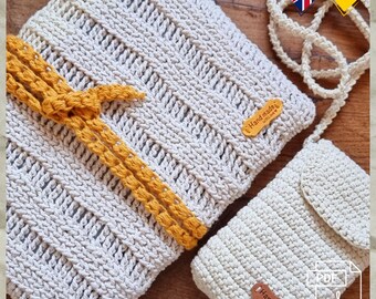 T.20 Virkmönster, PDF, engelska/tyska. Set 1+1, virkat mobiltelefonfodral (11 × 16 × 4 cm) + surfplattefodral (27 × 22 cm).