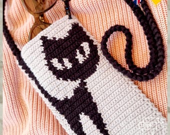 T.25 Virkmönster, PDF, engelska/tyska. Virkat telefonfodral med katt, handväska, axelväska, virkad väska, väska 20×11 cm