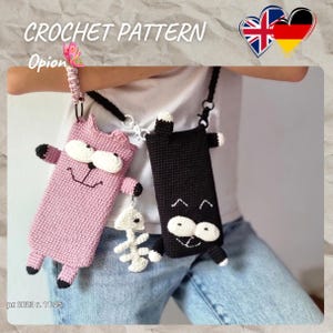 Häkeln, PDF, Eng/Deu. Gehäkelte Handytasche Katze, Umhängetasche, Häkeltasche