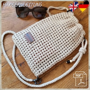 T.19 Crochet, PDF, Eng/Deu, gehaakte tas, schoudertas, draagzak, telefoontasje, zomertas, verstelbaar koord, maat 18×26 cm