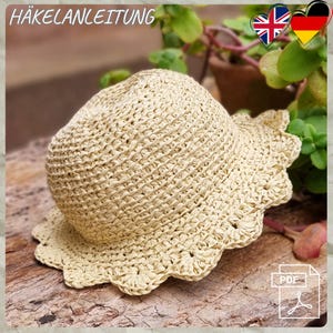 H.1 Häkelanleitung, PDF, Englisch/Deutsch. Sommermütze, Panamahut aus Bast (Raffia) für Erwachsene und Kinder, Verstellbare Größe