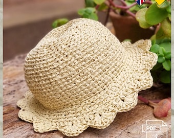 H.1 Virkmönster, PDF, engelska/tyska. Sommarhatt, Panamahatt av raffia för vuxna och barn, justerbar storlek