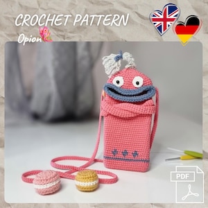 Crochet, PDF, Eng/Deu. Amigurumi, funda para celular, bolso, bandolera, billetera, monstruo