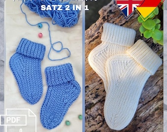 P.25 Set 2 i 1 virkmönster PDF på engelska och tyska strumpor för vuxna och barn, fotlängd 22–24 cm, 10–14 cm, justerbar storlek.