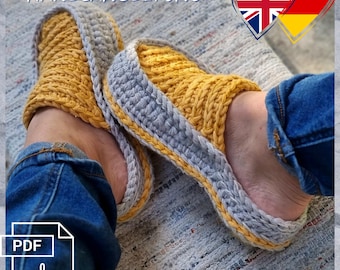 Sida 28 Virkning, PDF på tyska och engelska. Virkade tofflor med dubbla sulor för kvinnor och pojkar, justerbar storlek.