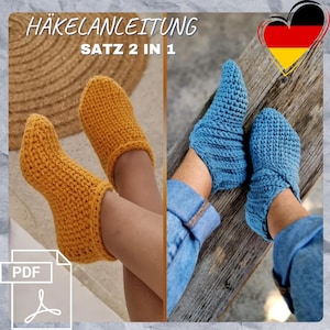 S.22 2 in 1 crochet pattern PDF in German warm crocheted slipper socks foot length 22 cm 23 cm wool
