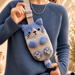 May include: A blue, beige and white crochet cat-shaped crossbody bag. The bag has a long strap, cat face details, and paw prints. The bag is worn over the shoulder.