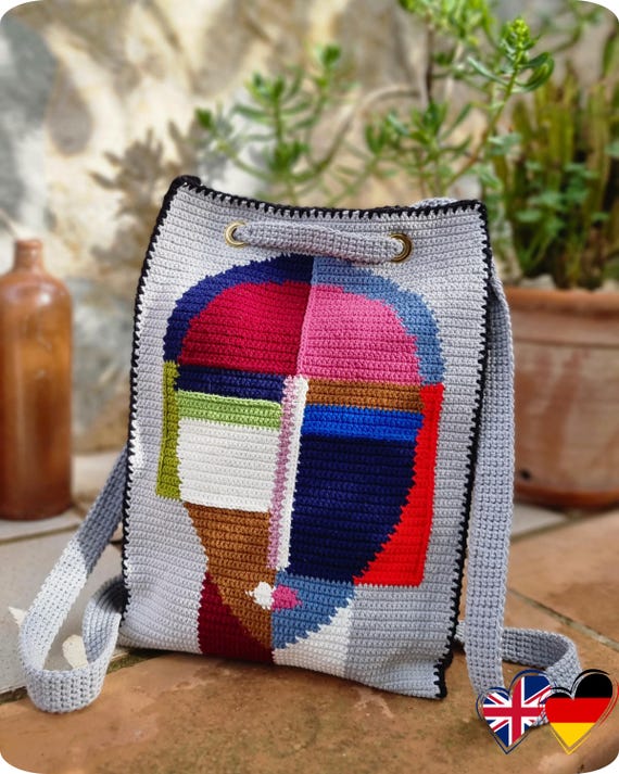 Rucksack Häkelanleitung PDF, Intarsia Umhängetasche 37x27 cm aus Baumwolle (EN + DE) T24