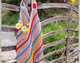 T.22 Virkning, PDF Eng/Ty. Virkad väska, sommarväska, strandväska, axelväska, boho, flerfärgad, 35×60 cm, bomull, 63 foton