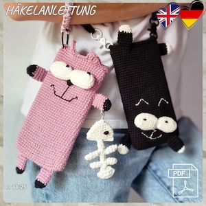 T.6 Crochet Pattern, PDF, English/German. Crocheted Cat Phone Case, Shoulder Bag, Crochet Bag