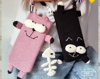 T.6 Crochet Pattern, PDF, English/German. Crocheted Cat Phone Case, Shoulder Bag, Crochet Bag