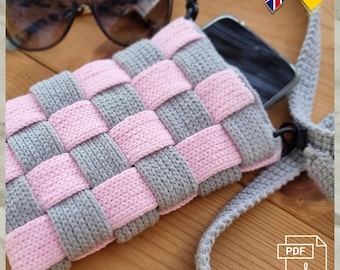 T.3 Virkning, PDF, engelska/tyska. Virkad väska, axelväska, mobiltelefonfodral, sommarväska. Storlek 18×12 cm. Bomull. Virknål 2 mm.