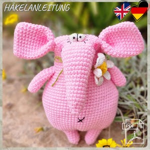 P.1 Crochet, PDF, anglais/allemand. Éléphant, éléphant rose au crochet, peluche, modèle de crochet facile.