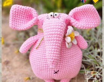 Crochet pattern, PDF, deu, eng, elephant, pink crochet elephant, stuffed animal, easy crochet pattern for beginners and masters