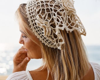 Crochet Floral Kerchief, Bandana, Headscarf and Waist Wrap
