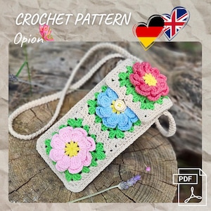 Crochet, PDF, Anglais/Allemand, Sac au crochet, Sac Granny Square, Sac pour téléphone portable, Sac à bandoulière, Sac d'été, Fleurs au crochet, Coton, 20 × 10 cm