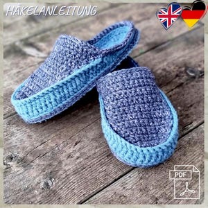 Page 11 : Pantoufles au crochet à double semelle pour hommes, femmes et garçons, tailles variées. PDF en anglais et en allemand.