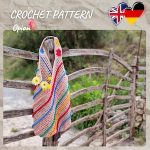 Crochet, PDF English/German. Crocheted bag, summer bag, beach bag, shoulder bag, boho, multicolored, 35×60 cm, cotton, 63 photos