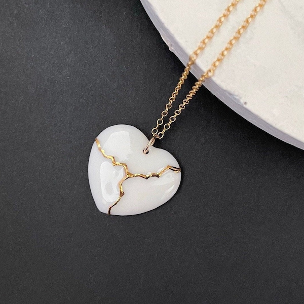 Porcelain Necklace, Kintsugi Heart Necklace, Encouragement gift, Wabi sabi necklace, Mental health recovery necklace, 14k gold filled