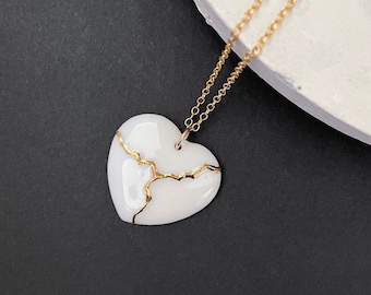 Porcelain Necklace, Kintsugi Heart Necklace, Encouragement gift, Wabi sabi necklace, Mental health recovery necklace, 14k gold filled