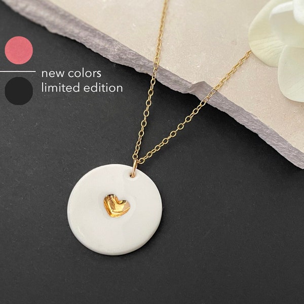 White Porcelain Pendant with Gold Heart, 14k gold filled necklace, 18th-anniversary gift for wife, Porcelain Disc necklace