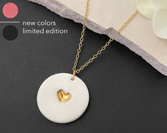 White Porcelain Pendant with Gold Heart, 14k gold filled necklace, 18th-anniversary gift for wife, Porcelain Disc necklace