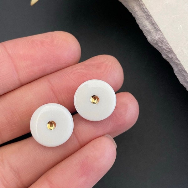 White Porcelain Stud Earrings, Anniversary gift for wife, Gold dot earrings, Disk Earrings, Tiny circular earrings, Timeless Earrings