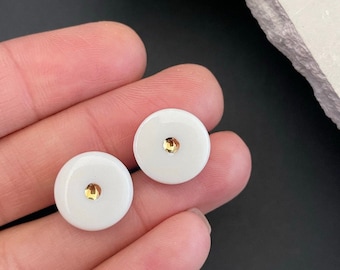 White Porcelain Stud Earrings, Anniversary gift for wife, Gold dot earrings, Disk Earrings, Tiny circular earrings, Timeless Earrings