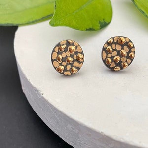Artistic Porcelain Stud Earrings, Anniversary gift for wife, 14k Gold Filled Speckled Disk Earrings, Black and Gold Spot Jewlery