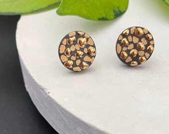 Artistic Porcelain Stud Earrings, Anniversary gift for wife, 14k Gold Filled Speckled Disk Earrings, Black and Gold Spot Jewlery
