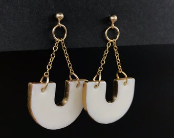 Horseshoe earrings, U Shape Porcelain Drop Earrings, Gold dipped earrings, Porcelain Earrings, 14k gold filled earrings,Tarnish free jewelry