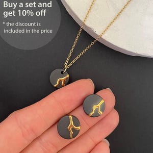 Kintsugi Jewelry Set, Black Porcelain Earrings, Beautifully Broken Disc Necklace, Gold Crack Pottery, 14k gold filled, Black and Gold