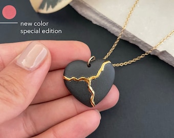 Collar Kintsugi de porcelana, colgante de corazón roto, relleno de oro de 14k, regalo de aliento, collar Wabi sabi, recuperación de salud mental