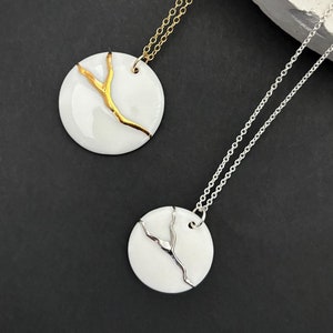 Kintsugi Necklace, Porcelain disk pendant, 18th Porcelain Anniversary Gift, Strength necklace, Recovery Jewelry, Meaningful necklace