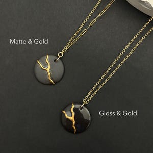 Kintsugi Necklace, Porcelain disk pendant, 18th Porcelain Anniversary Gift, Strength necklace, Recovery Jewelry, Meaningful necklace, Black