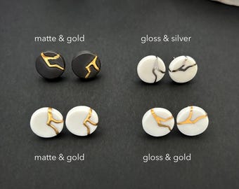 Porcelain Earrings, Kintsugi studs, 18th anniversary gift, Disk earrings, Meaningful Jewelry, Hand-Painted Gold Accents