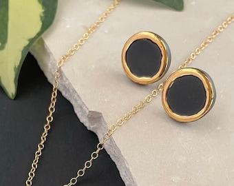 Gold Halo Earrings, Black Porcelain Stud Earrings, Anniversary gift for wife,  Disk Earrings, Tiny circular earrings, Timeless Earrings