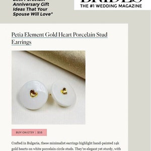 White porcelain studs earrings, with a heart in the middle, hand-painted with pure gold. A perfect wedding porcelain anniversary gift. Featured in BRIDES magazine. Ready for a gift-giving.