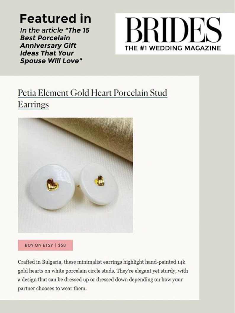 White porcelain studs earrings, with a heart in the middle, hand-painted with pure gold. A perfect wedding porcelain anniversary gift. Featured in BRIDES magazine. Ready for a gift-giving.