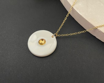 White Porcelain necklace and gold, Concave necklace, Porcelain Anniversary, 18th wedding anniversary gift, Disc necklace, 14k gold filled