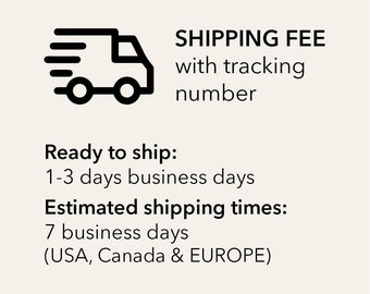 May include: A black graphic icon of a delivery truck positioned next to the text SHIPPING FEE with tracking number, followed by Ready to ship: 1-3 days business days and Estimated shipping times: 7 business days for the USA, Canada & EUROPE.