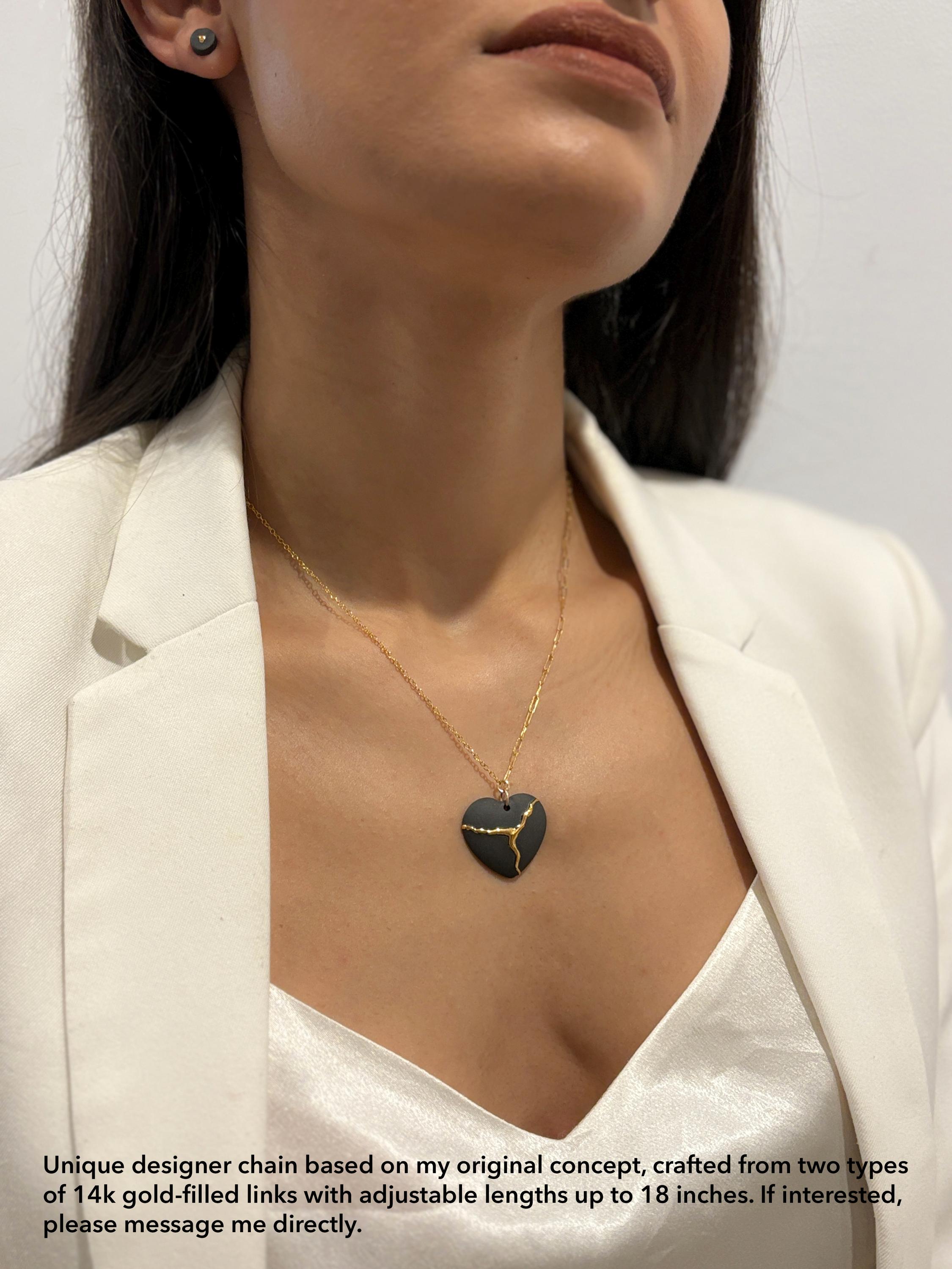 Kintsugi Jewelry Set, Black Porcelain, Broken Heart Pendant