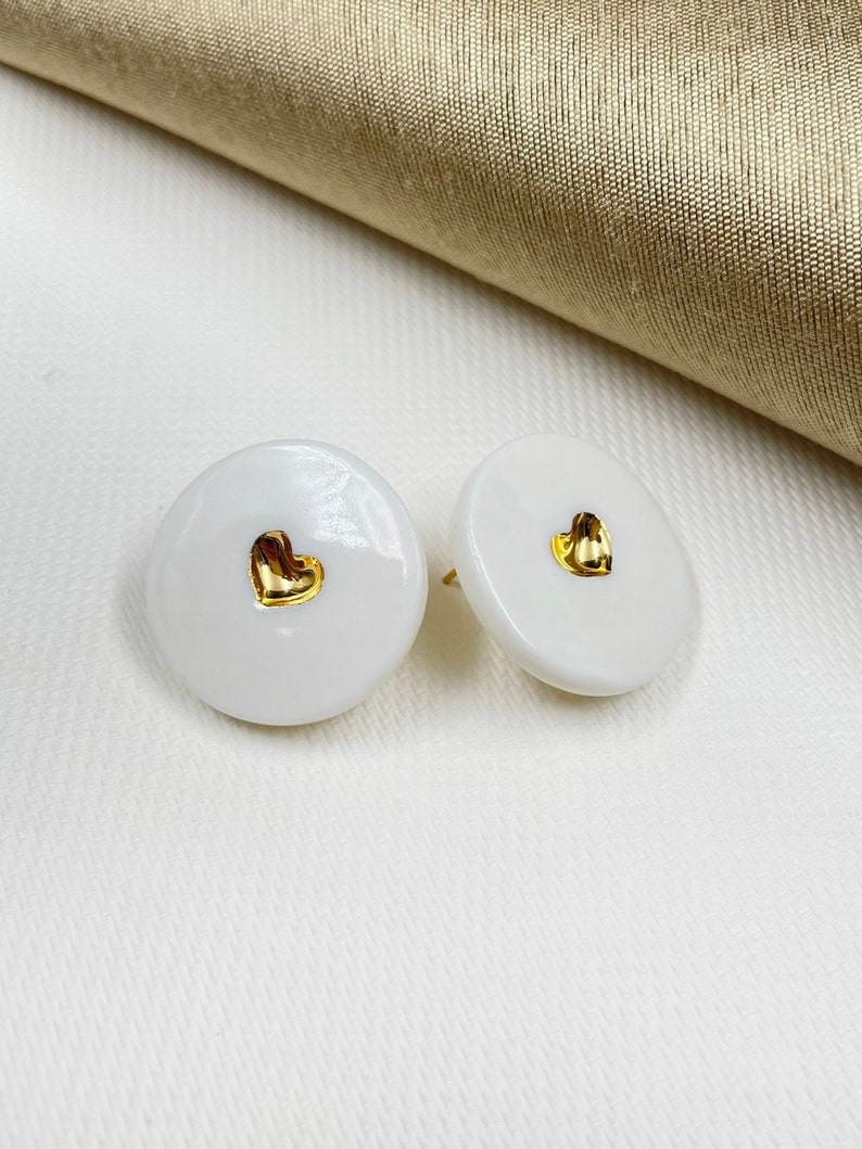 White porcelain heart earrings handpainted with pure gold.