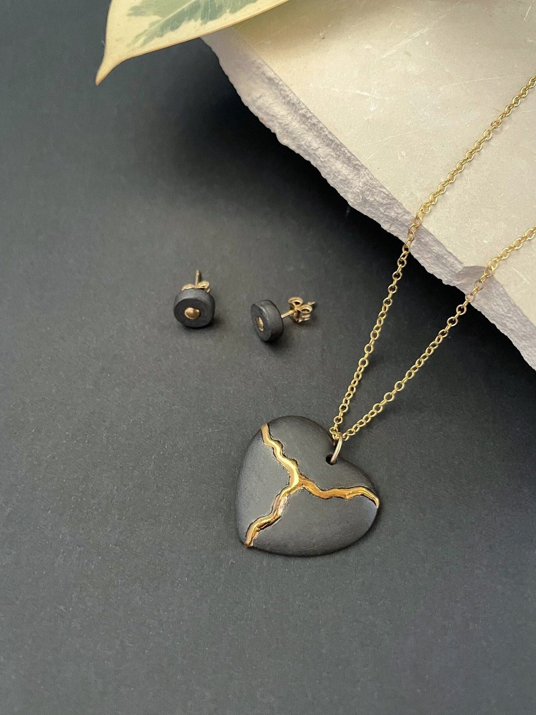 Kintsugi Jewelry Set, Black Porcelain, Broken Heart Pendant