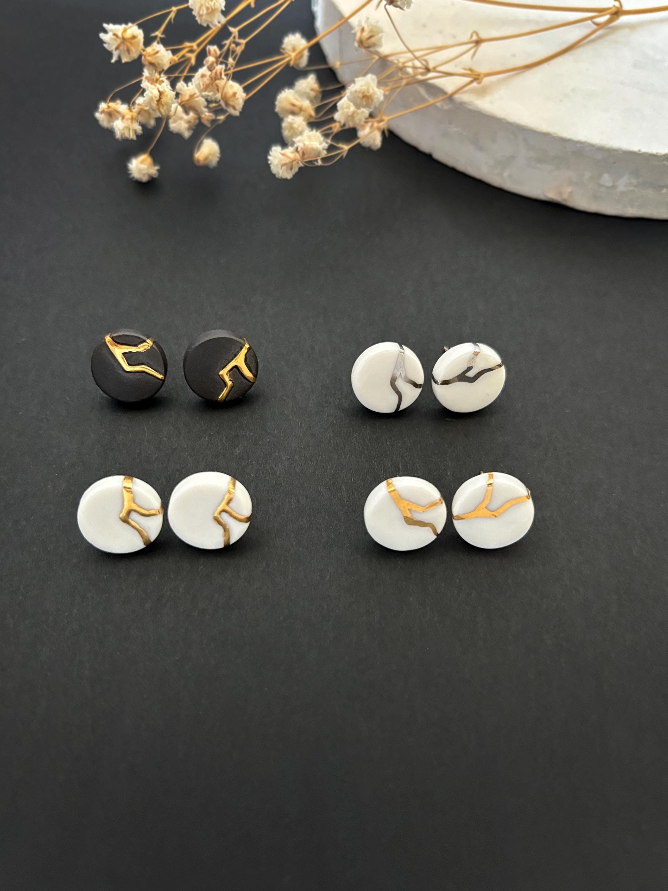 Porcelain Earrings, Kintsugi jewelry, 18th anniversary gift, Disk earrings, Meaningful Jewelry,  Non-tarnish earrings