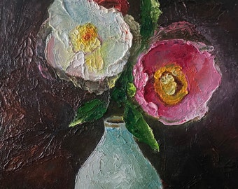 Still Life Flowers Colorful Oil Painting Original on Canvas,  Floral Impressionism Impasto,  Beautiful Bright Textured Art