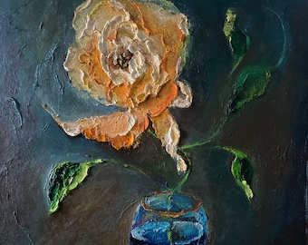 Yellow Rose Flower Still Life  Oil  Painting Original on Canvas, Impressionism,  Beautiful Vibrant Impasto Painting, Bright Textured Art