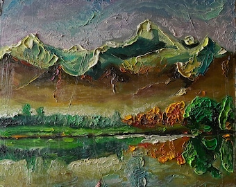 Mountain  Lake Reflection Oil Painting Original on Canvas, Impressionism, Impasto Bright Textured  Art, Beautiful Painting